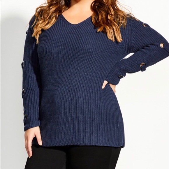 10. NWT City Chic Grommet V Neck Navy Sweater - Picture 2 of 9